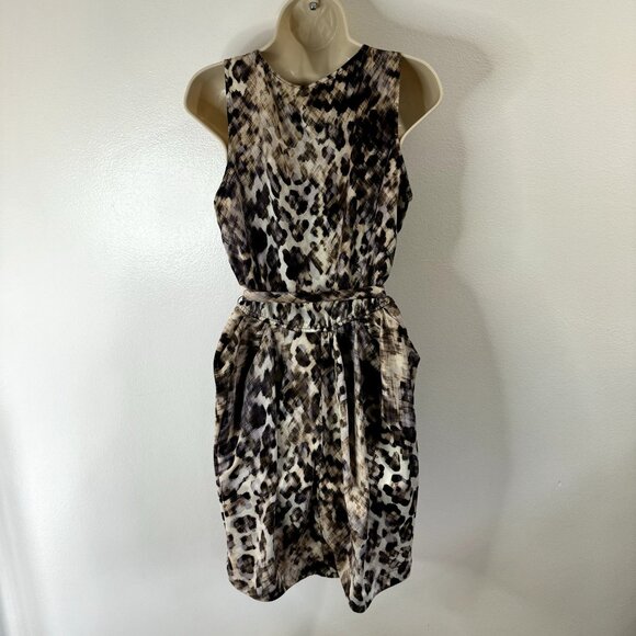 H&M Dress Size 12 Fit & Flare Satin Leopard Ruffle Brown Black Belted Stretch - Picture 5 of 9